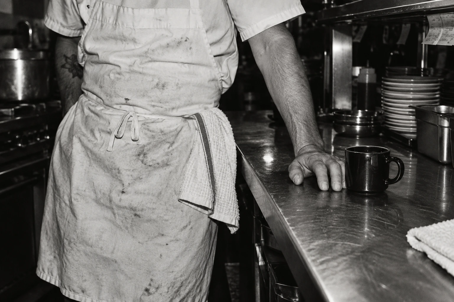 A quiet coffee moment at a stainless steel restaurant pass, beside a chef in a work apron